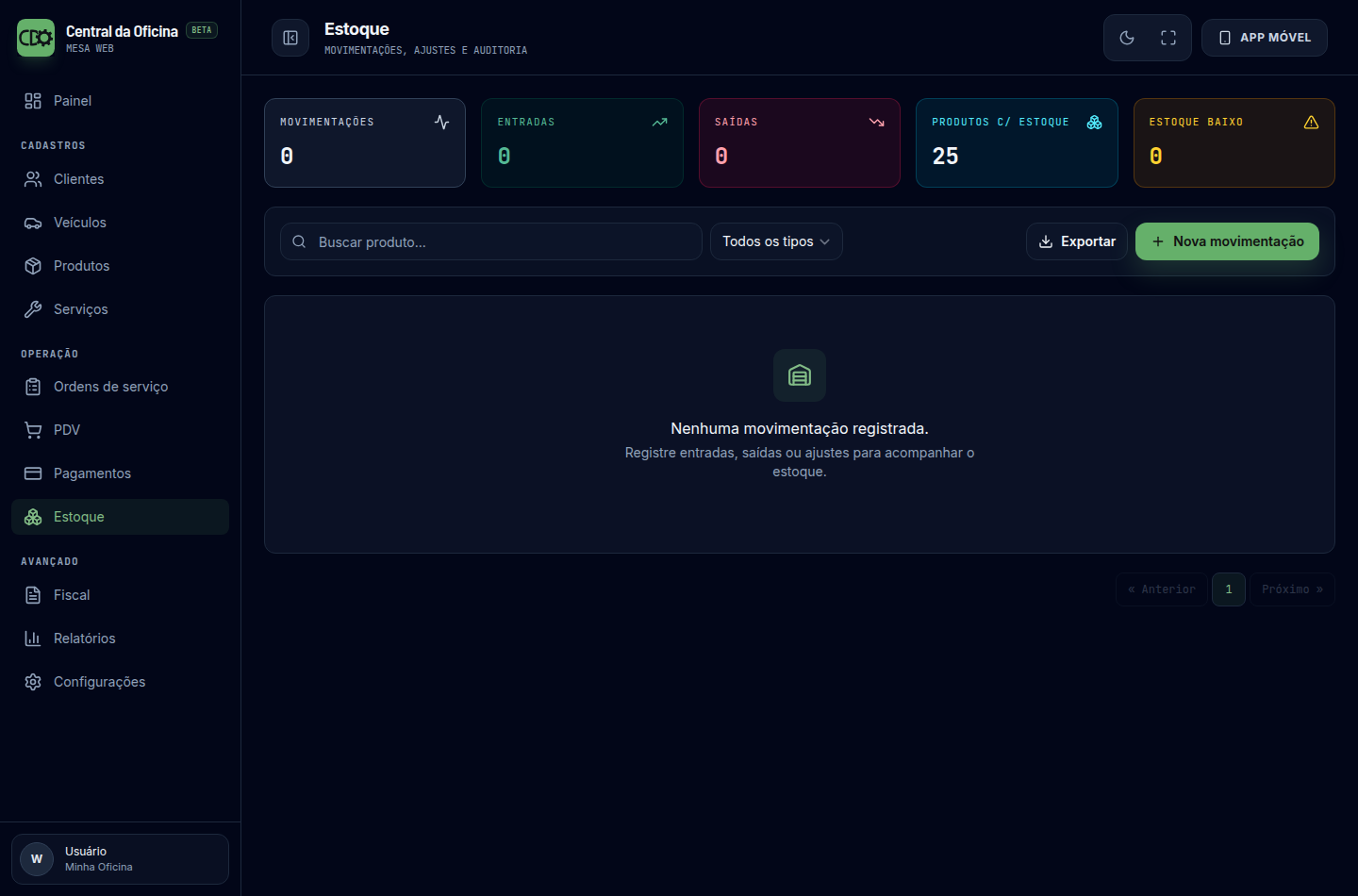Tela real de estoque da Mesa Web com saldos e itens em baixa